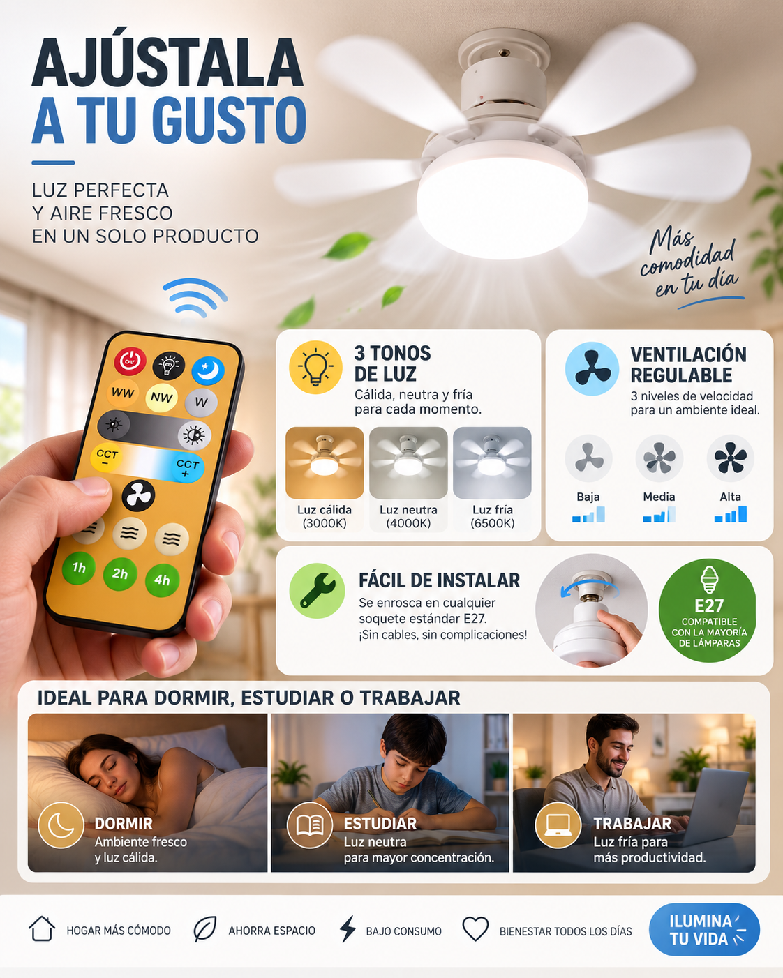 Control de luz y ventilación de la lámpara ventilador